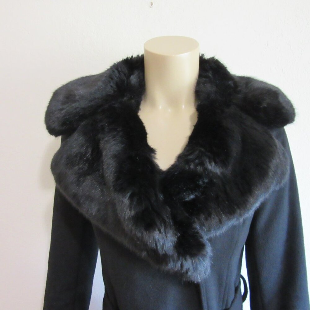 VIA SPIGA Black Faux Fur Trim Wool Belted XXS Coat - Picture 3 of 8
